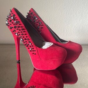 Qupid Red Suede Spike-Embellished Platform Stiletto Pumps